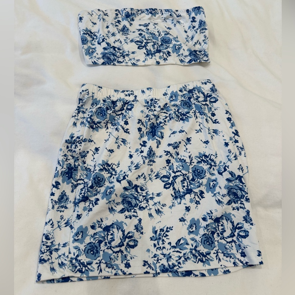 SHEIN White and Blue Floral Tube Top & Mini Skirt Set